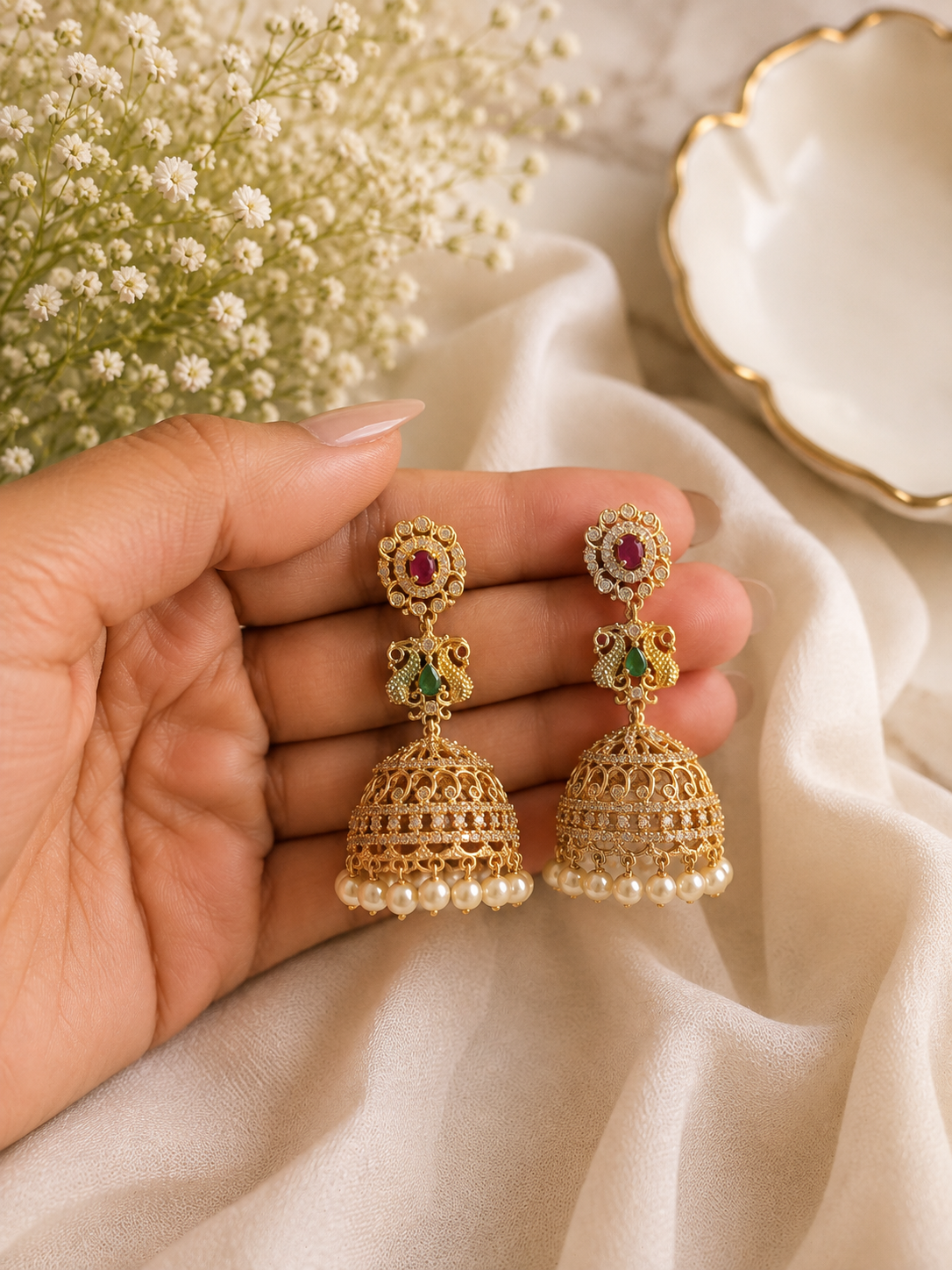 Regal Ruby & Emerald Jhumkas