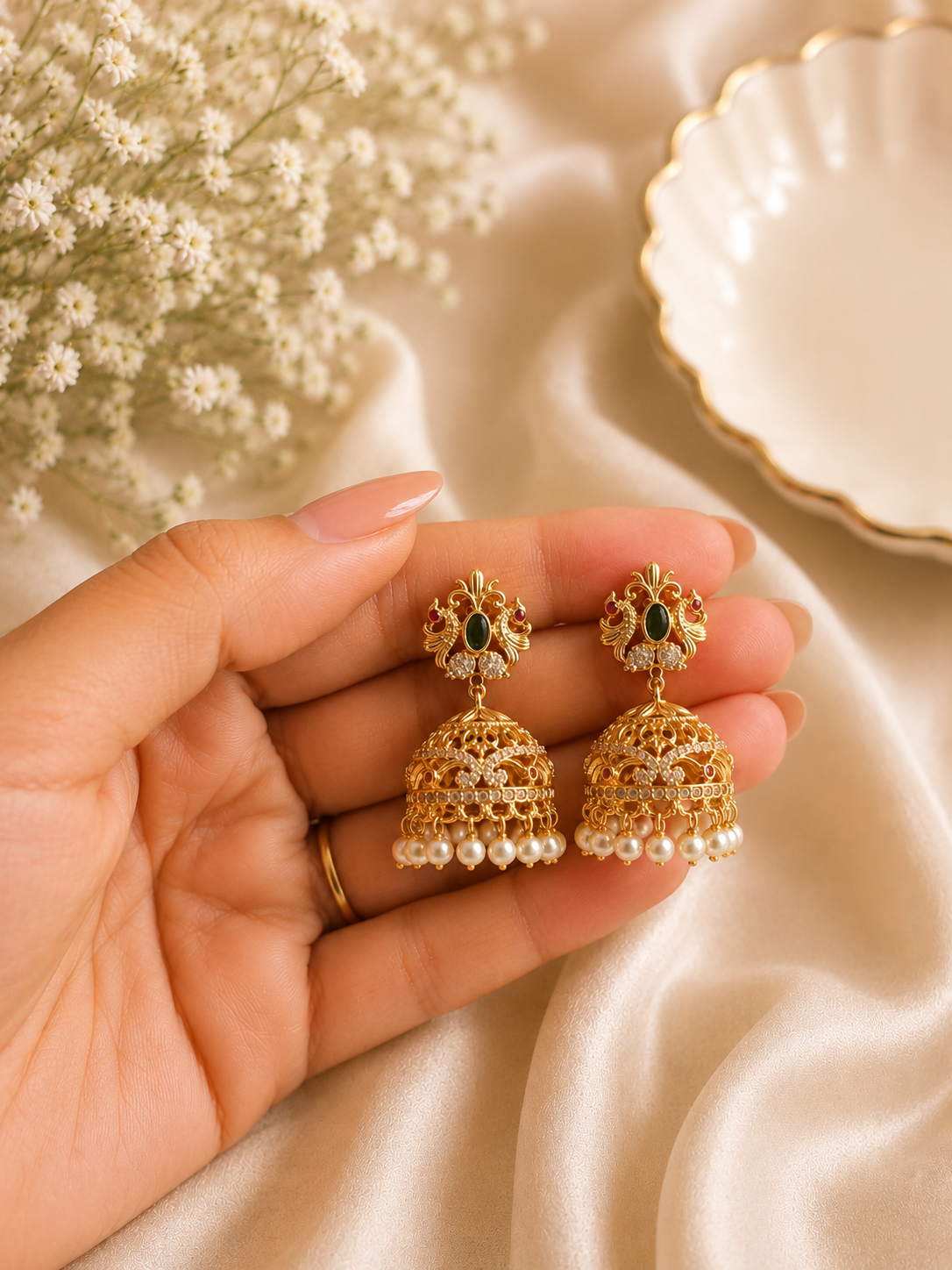 Classic Emerald Pearl Jhumkas