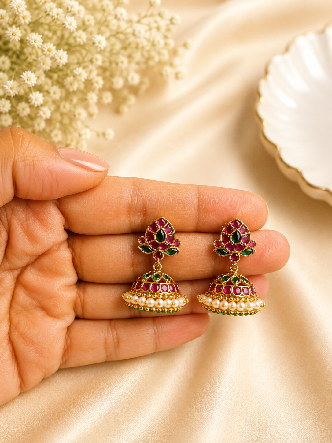 Ruby Emerald Pearl Glow Jhumkas