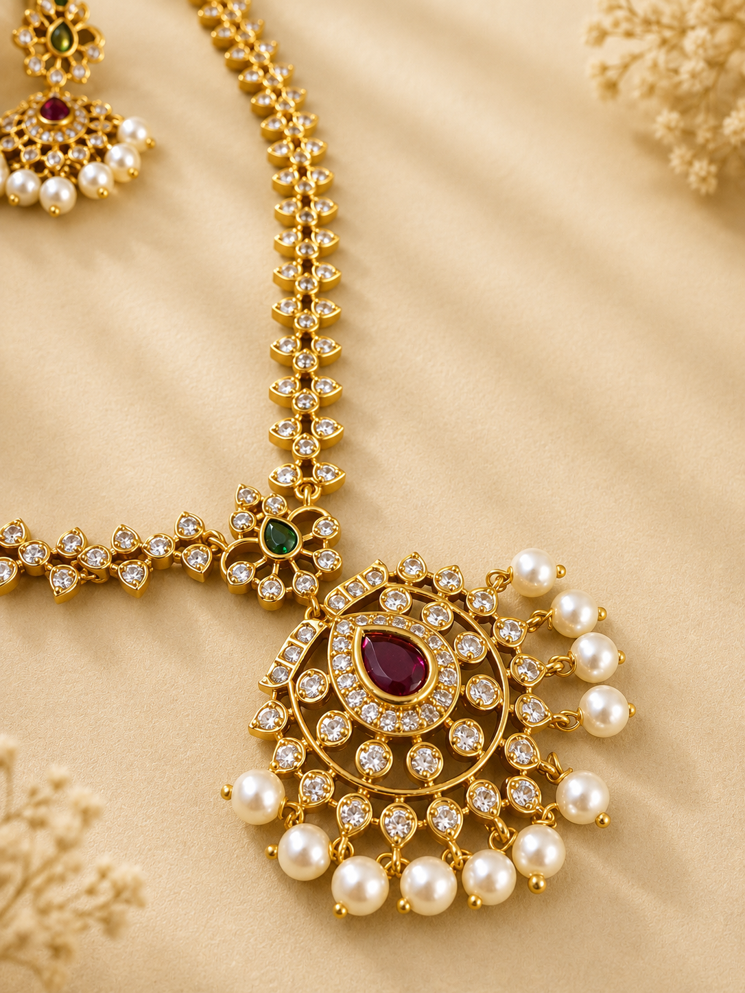 Ruby Emerald Pearl Necklace Set
