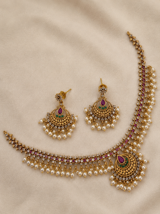 Peacock Ruby Pearl Necklace Set