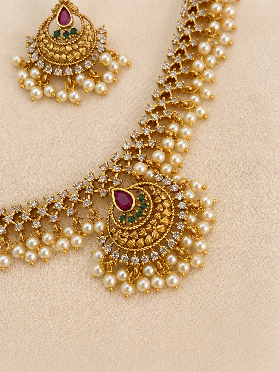 Peacock Ruby Pearl Necklace Set