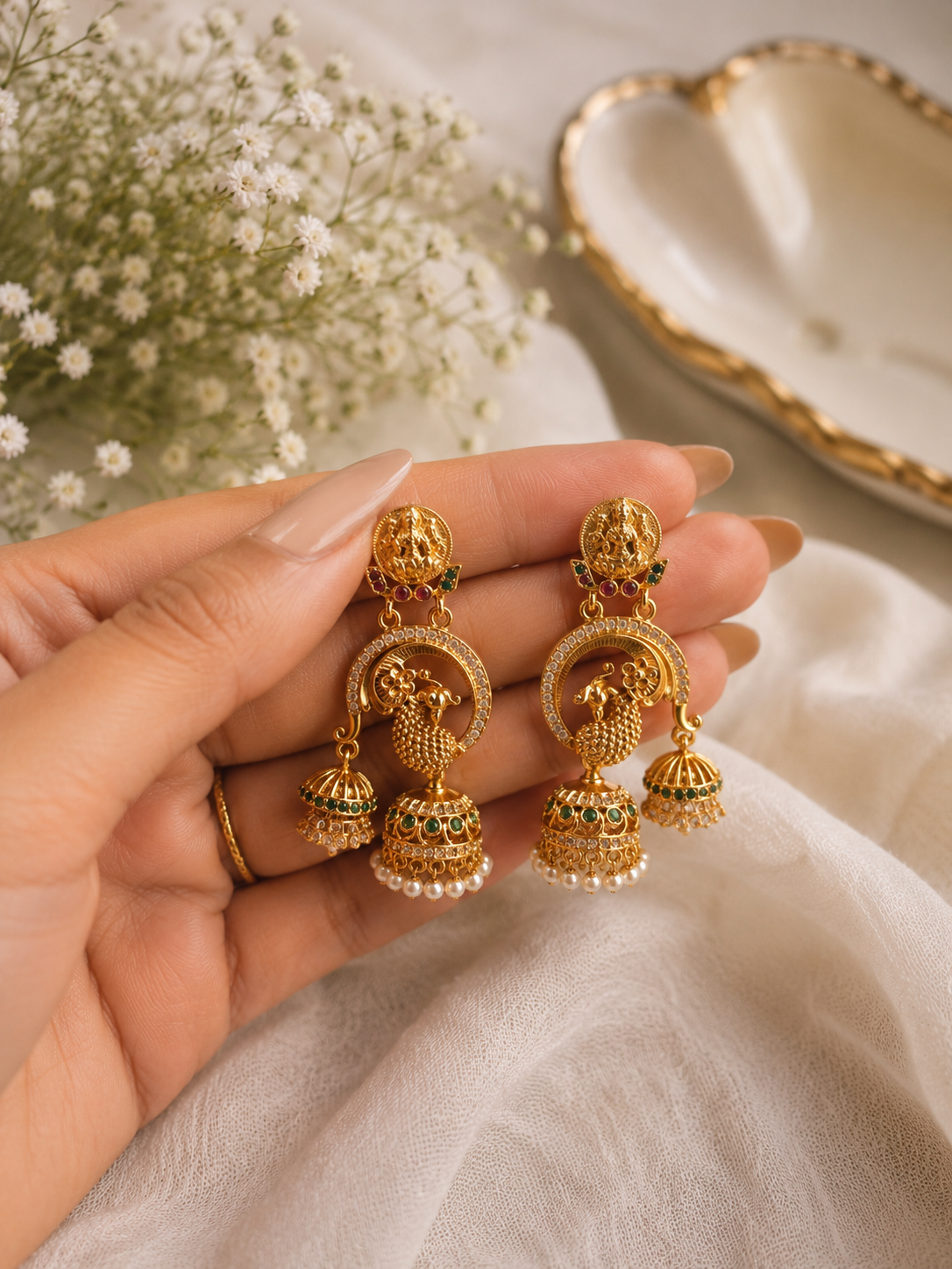 Peacock Pearl Jhumka Earrings