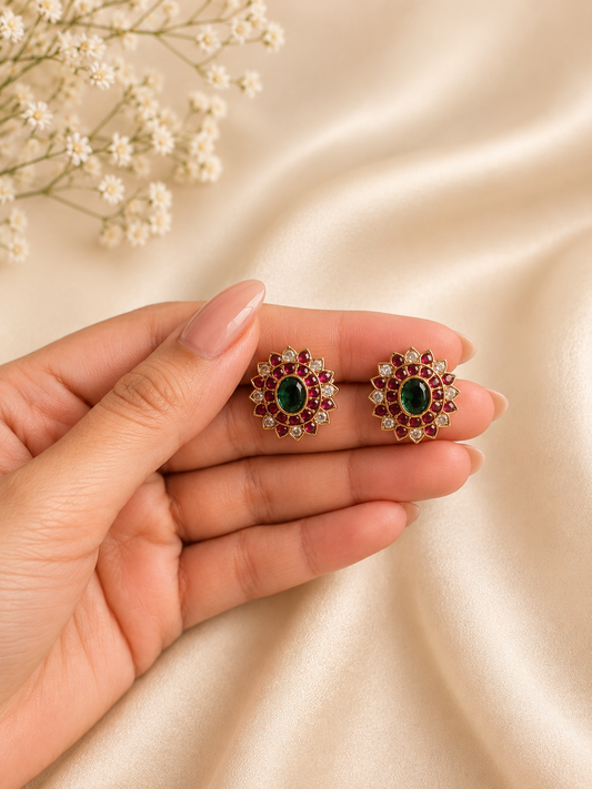 Emerald Ruby Floral Stud Earrings