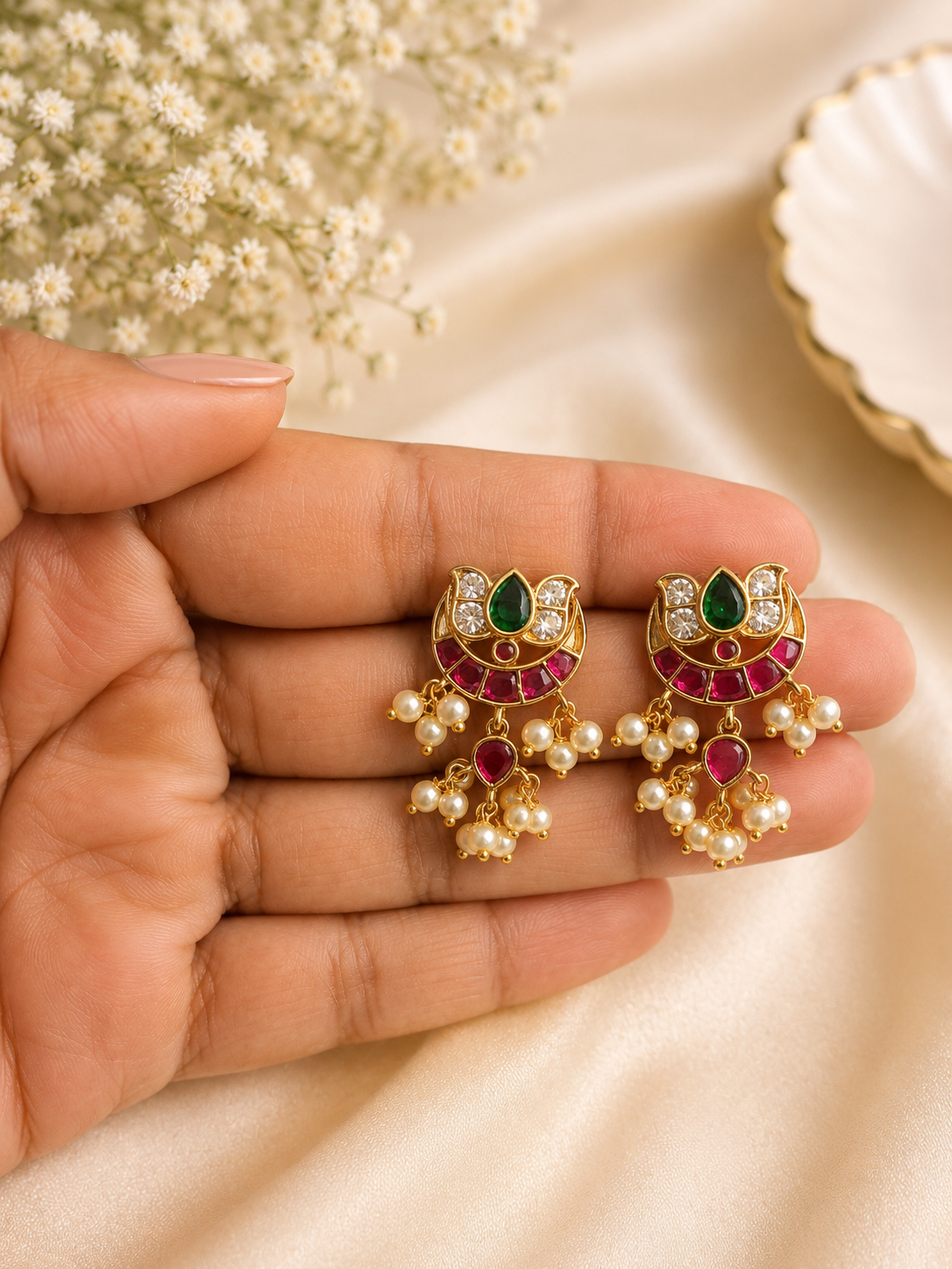Ruby Emerald Pearl Drop Earrings