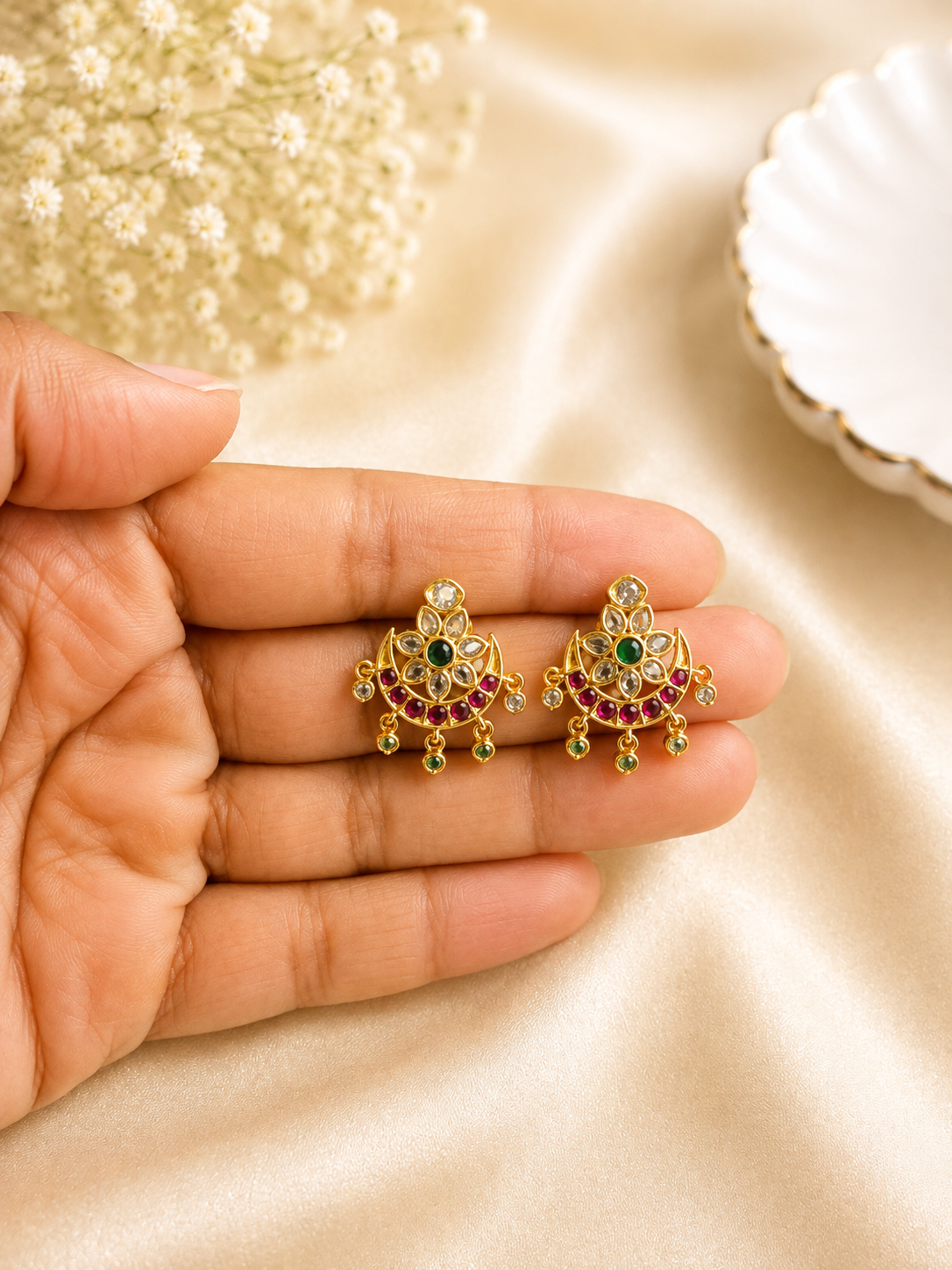 Emerald Ruby Crescent Stud Earrings