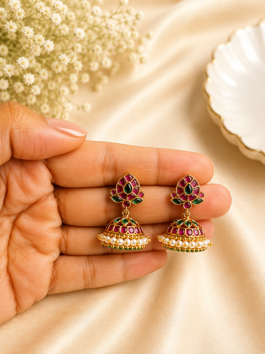 Ruby Emerald Pearl Glow Jhumkas