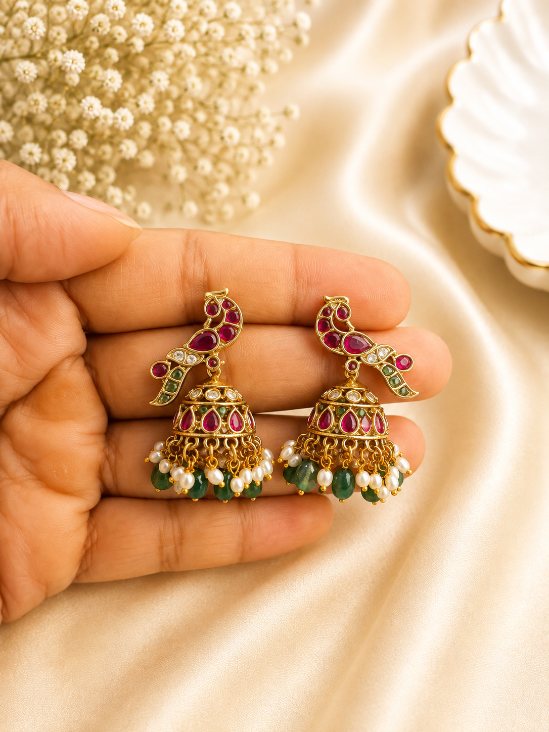 Peacock Ruby Emerald Jhumkas