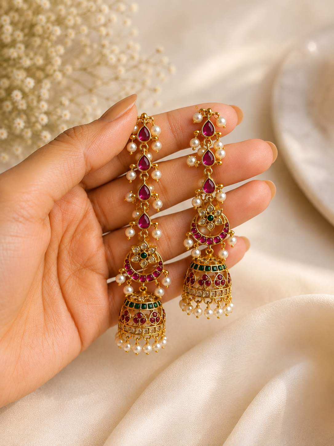 Ruby & Pearl Long Jhumka Earrings
