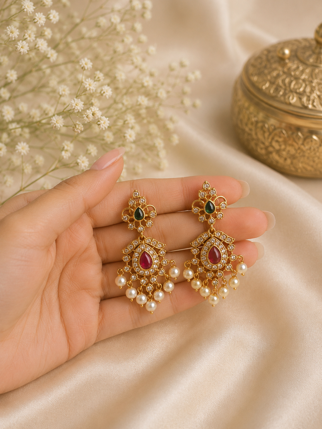 Ruby Emerald Pearl Necklace Set