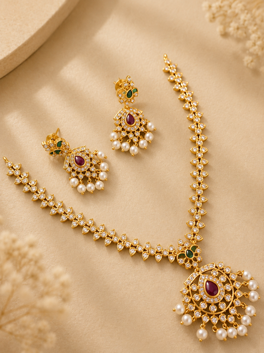 Ruby Emerald Pearl Necklace Set