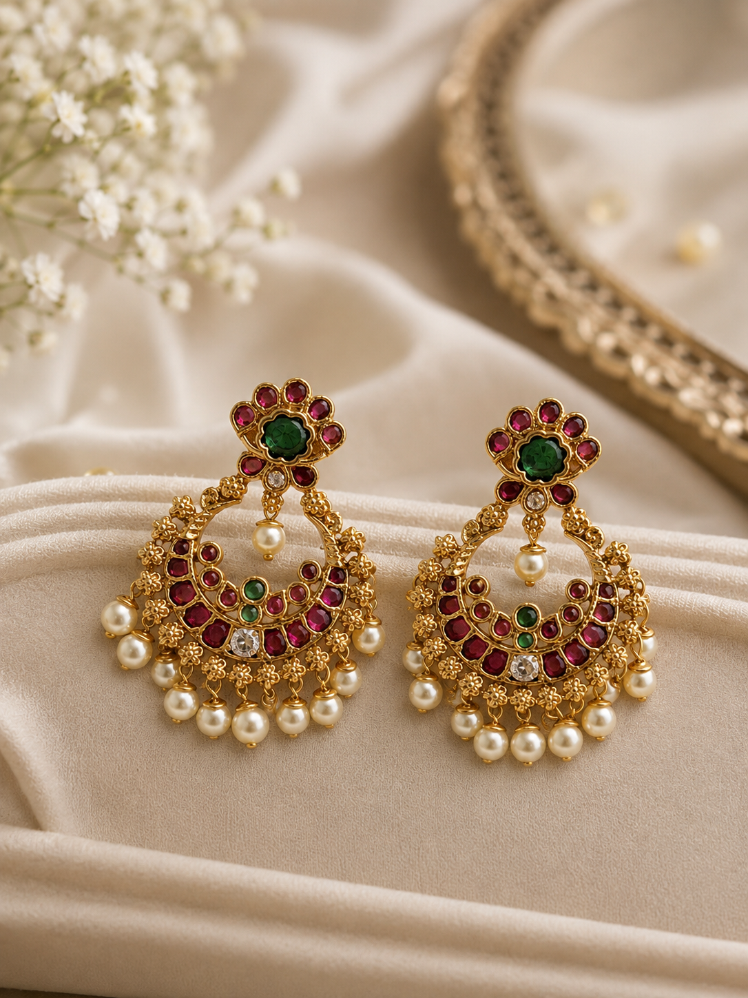 Regal Ruby & Emerald Chandbali Earrings