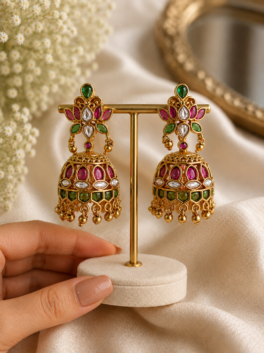 Ruby & Emerald Floral Jhumka Earrings