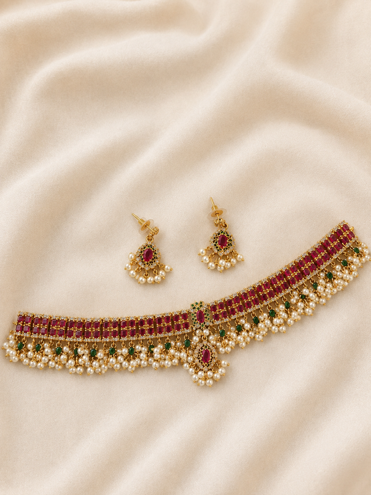 Ruby Cascade Pearl Choker Set